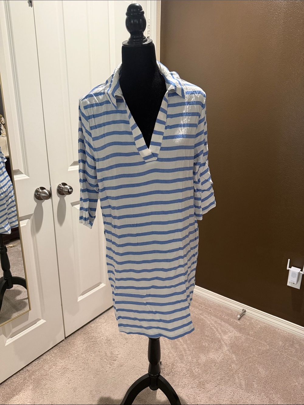H&M Blue and White Striped V-Neck Tunic Dress
